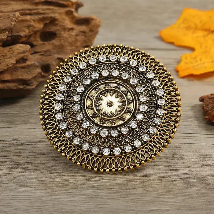 Grand anneau rond ethnique Antique en or pour femmes, Vintage, fleur sculptée incrustée de cristal b