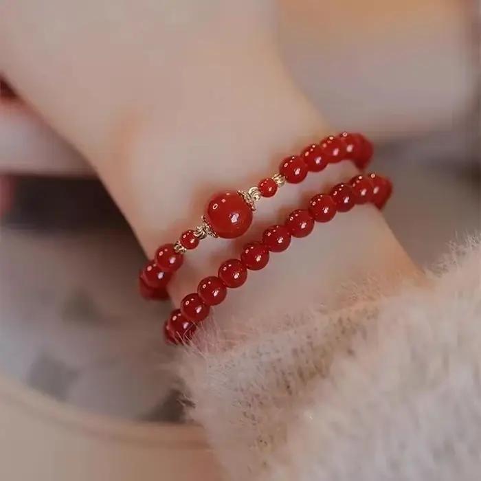 Bracelet Double couche en perles de Jade naturel rouge, Vintage, luxe, Agate, vrais bijoux, amulette