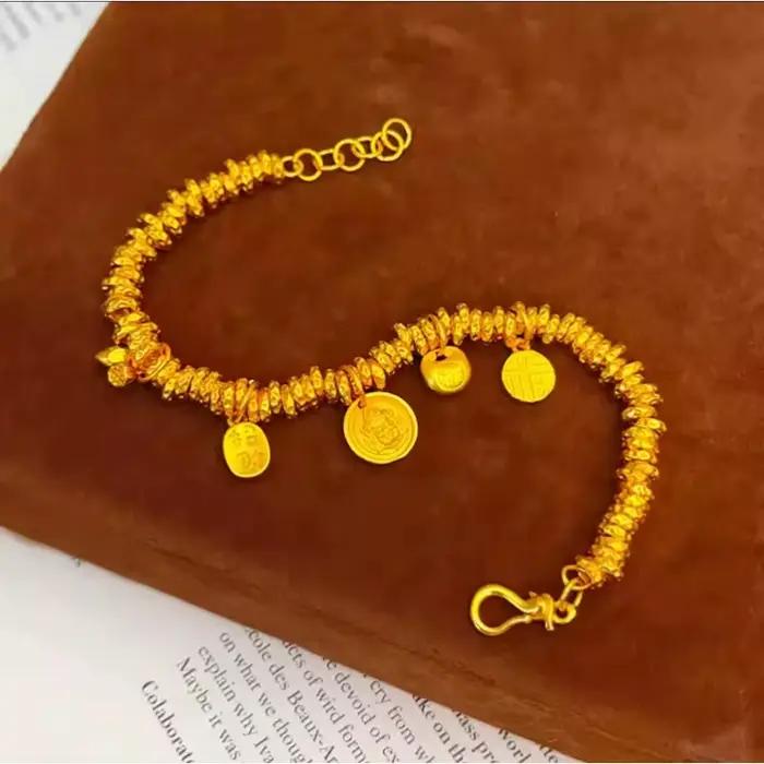 Bracelet à breloques dieu de la richesse jaune brillant pour femmes, artisanat en or Antique, nouveau bracelets de Style chinois, bijoux cadeau de Banquet