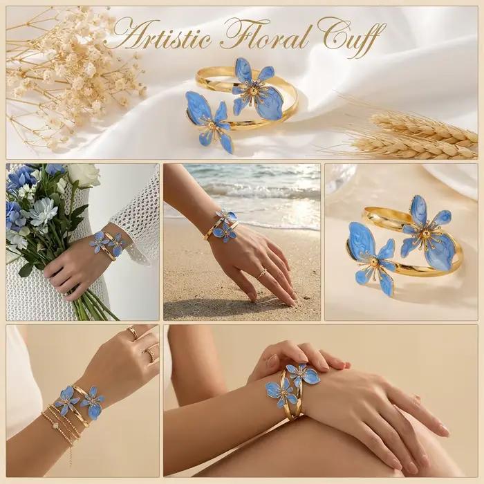 Bracelet ouvert élégant en émail fleuri pour femmes