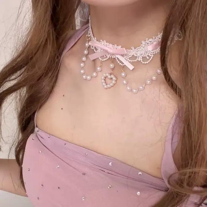 Collier en dentelle style Sweet Lolita avec nœud et perles accessoire de mode pour femmes occasions spéciales et tenues quotidiennes