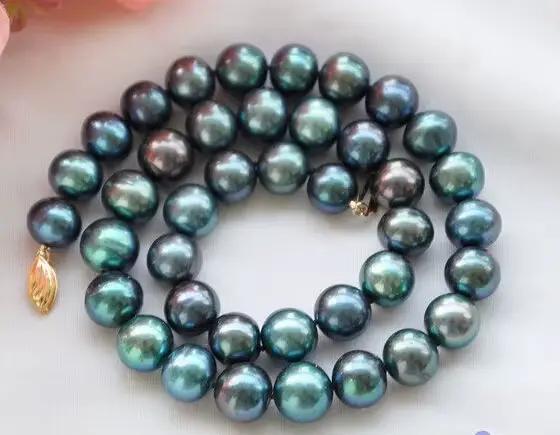 ~! Collier de perles rondes noires de 9 à 10mm, paon, de culture d'eau douce, 18 w