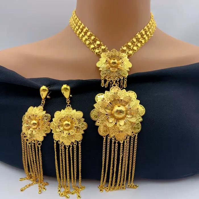 Ensemble de colliers longs et volumineux couleur or 24 carats pour femmes, bijoux de luxe indiens, pendentif de fête, bijoux de Dubaï, accessoires, cadeaux