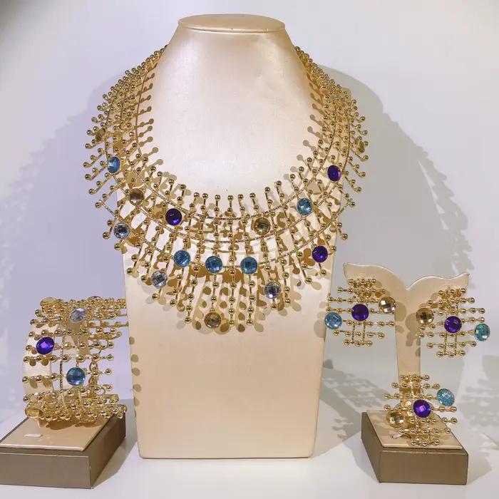 Ensemble de bijoux pour femmes plaqué or 24 carats, collier, boucles d'oreilles, bracelet, bague, pierres multicolores