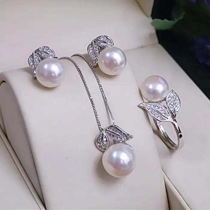 Véritable perle bague collier boucles d'oreilles pour les femmes, naturel d'eau douce blanc perle en