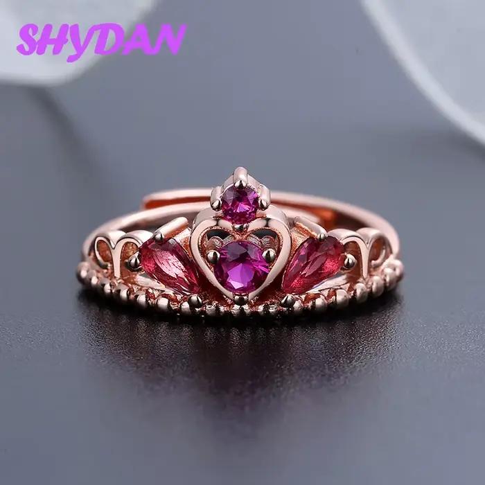 Bague ajustable en argent sterling 925 SHYDAN avec couronne en rubis pour femmes et filles