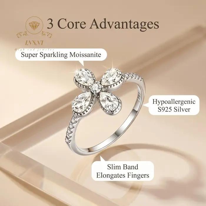 Bague trèfle en argent S925 avec moissanite 1