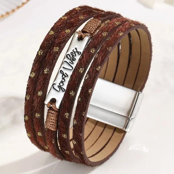 Fille Bracelets lettre cristaux fer multicouche large bord Bracelet en cuir bohème femmes mode lumière luxe charme bijoux