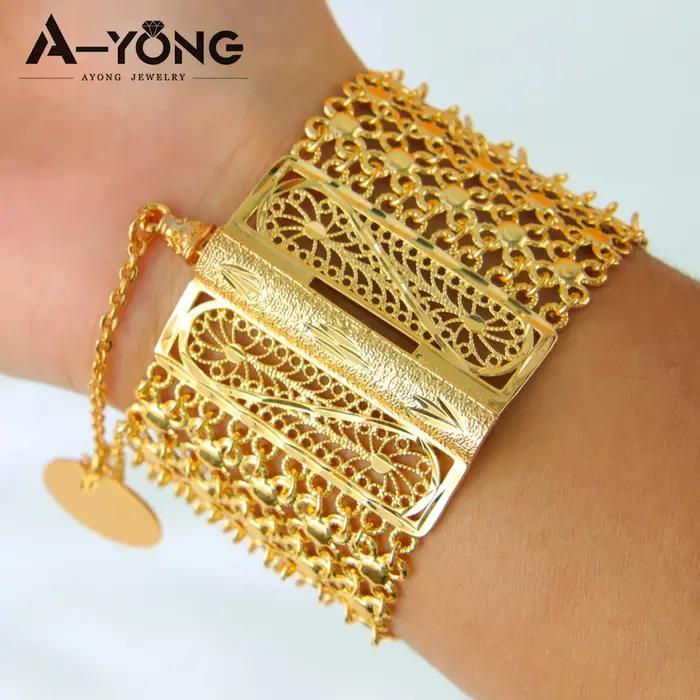 Bracelet manchette de mariage de luxe algérie, plaqué or 21 carats, chaînes à main faites à la main