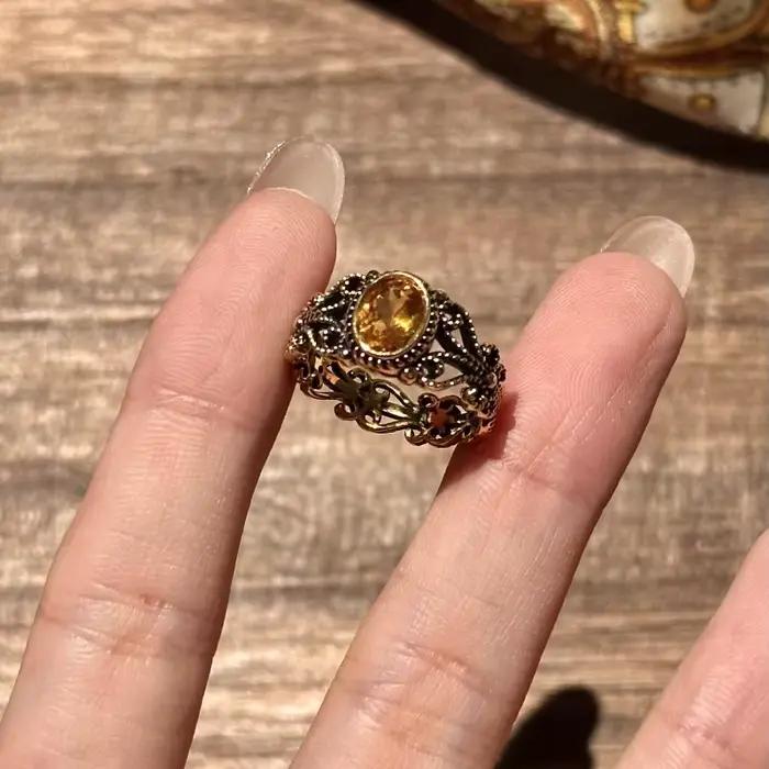 Bague d'art Vintage ajourée noir-doré, Style Punk, argent 925, cristal jaune, ovale, réglable, bijoux cadeau