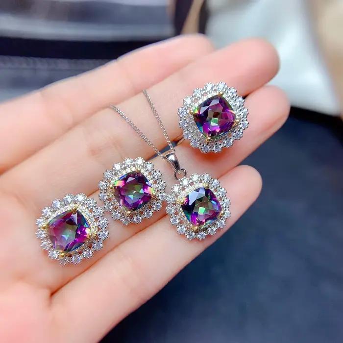 Ensemble de bijoux à breloques en cristal bleu pour femme, boucle d'oreille en pierre, collier, pendentif, bague, 7 couleurs, violet, argent, document