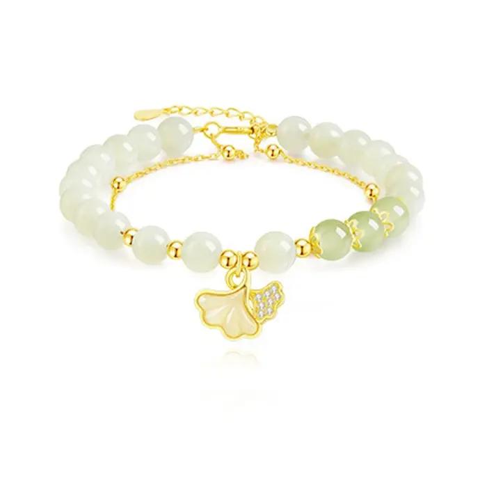 Hetian Jade Ginkgo Double couche Bracelet élégant luxueux bijoux faits à la main pour les femmes Premium cadeau choix S925 argent Sterling