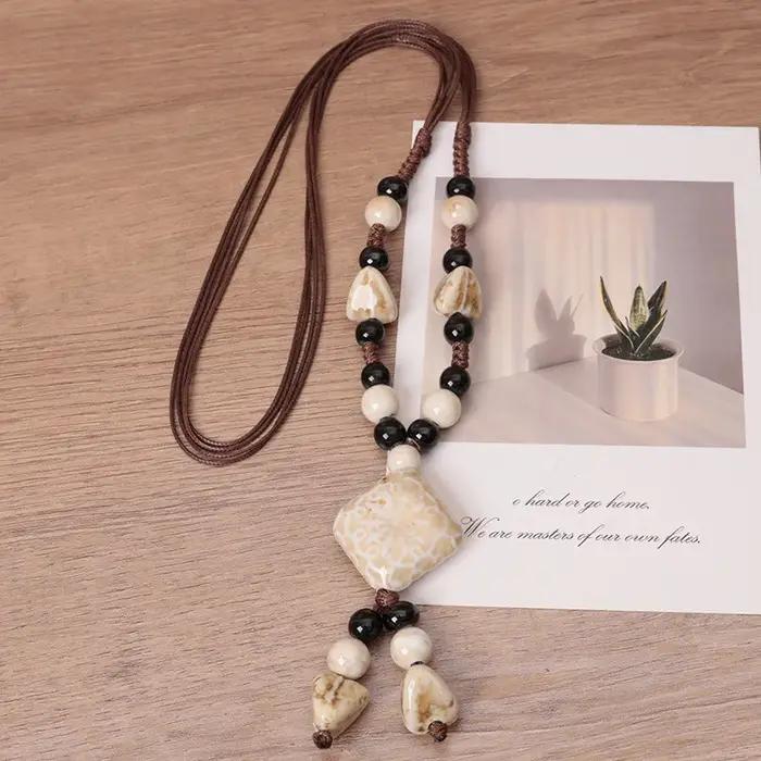 Collier en céramique artistique rétro polyvalent pour femmes, longue chaîne de pull géométrique bohème, accessoire Simple et élégant, parfait