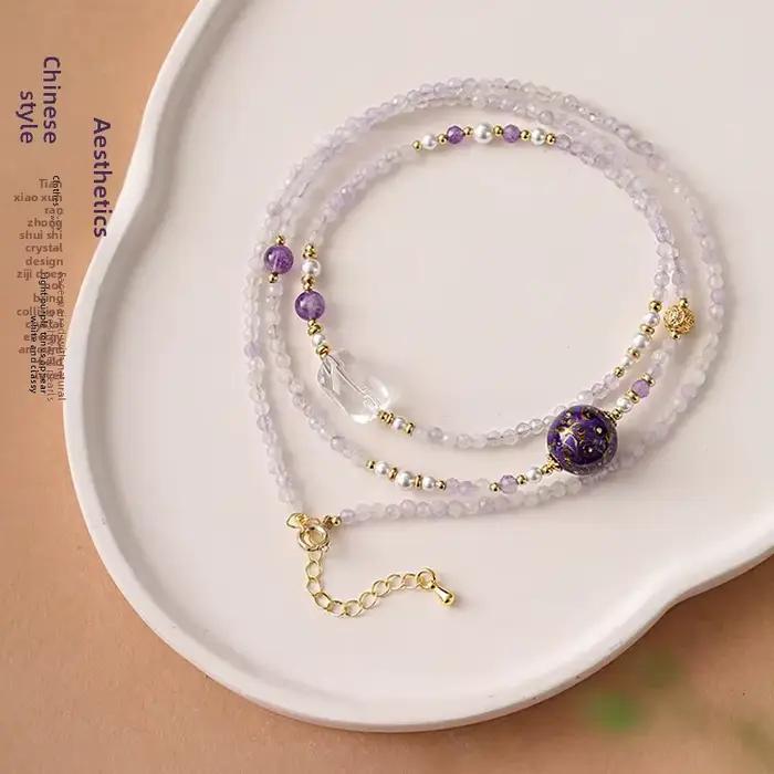 Bracelet empilé multicouche en perles de laque améthyste naturelle