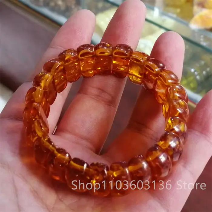 Bracelet large en ambre baltique naturel pour hommes et femmes, bijoux de guérison, pierres précieuses, ambre florale, élastique, amulette porte-bonheur