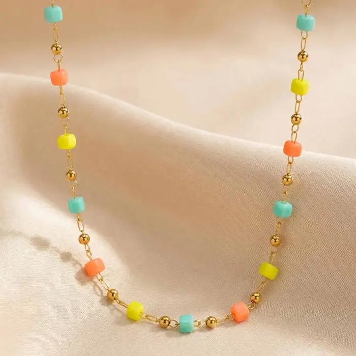 Collier ras du cou avec cristaux carrés colorés, chaîne perlée en acier inoxydable plaqué or 18 carats, bijoux imperméables