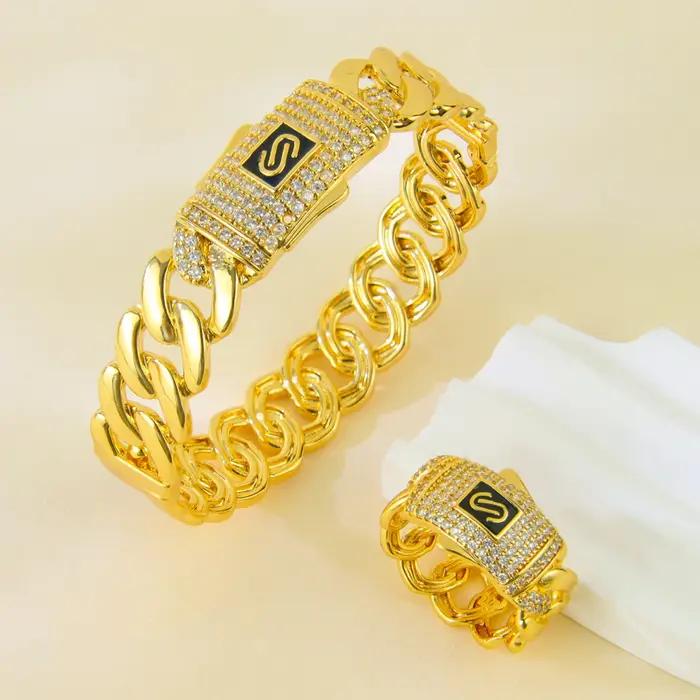 Parure de bijoux en zirconium de mode arabe, plaqué or 24 carats, pour mariée nigériane, bracelet et bagues punk, bijoux hip-hop pour femmes de Dubaï