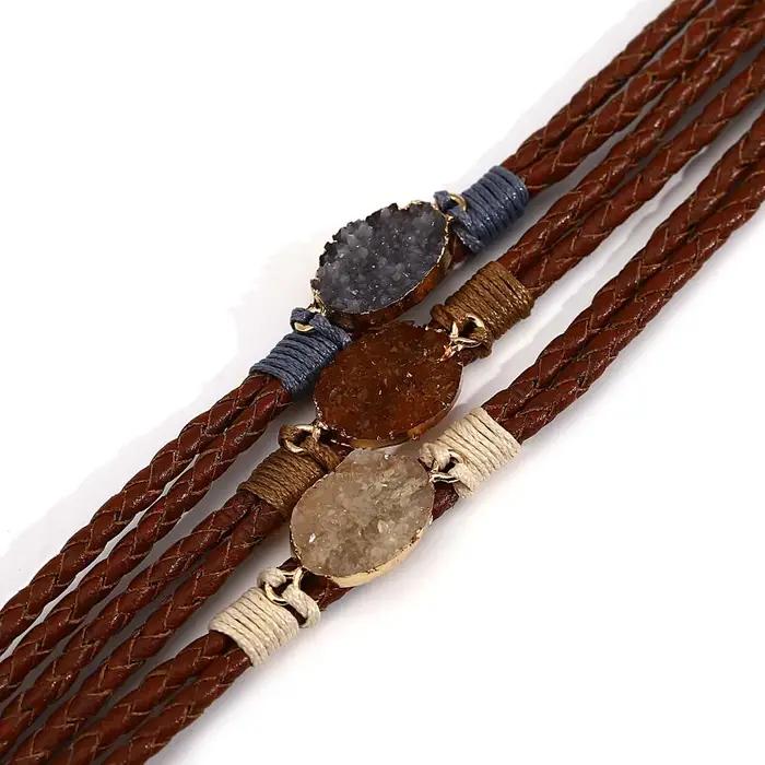 ALLYES Vintage pierres naturelles Bracelet en cuir pour femmes hommes Boho tressé à la main multicouche enroulement Bracelets bijoux