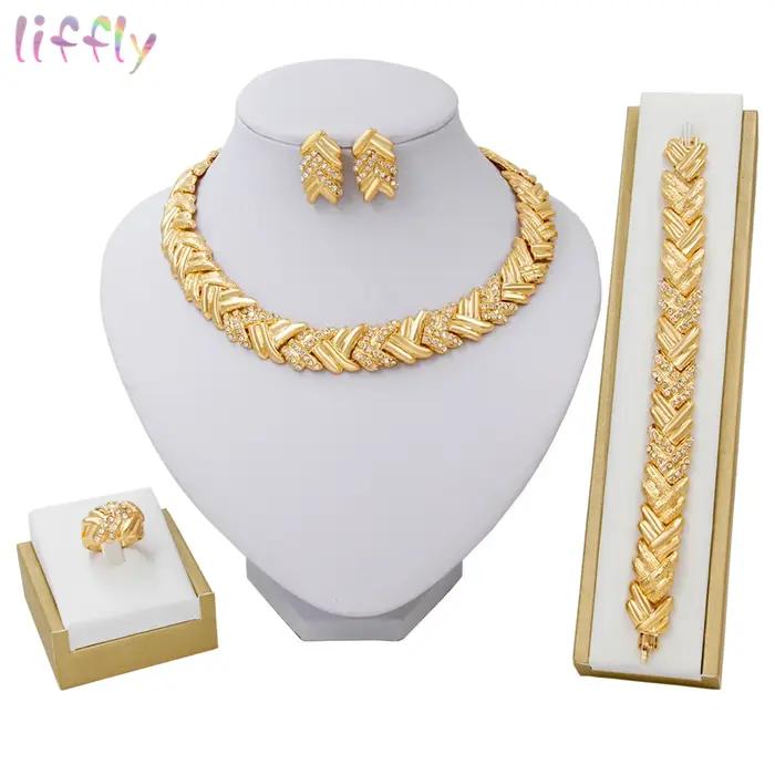 Mode mariée dubaï couleur or ensembles de bijoux pour femmes Costume collier boucles d'oreilles mariage nigérian
