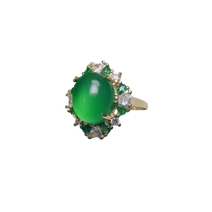 Bague luxueuse en agate verte émeraude intégrée pour femmes, surface ovale élégante, qualité de glac