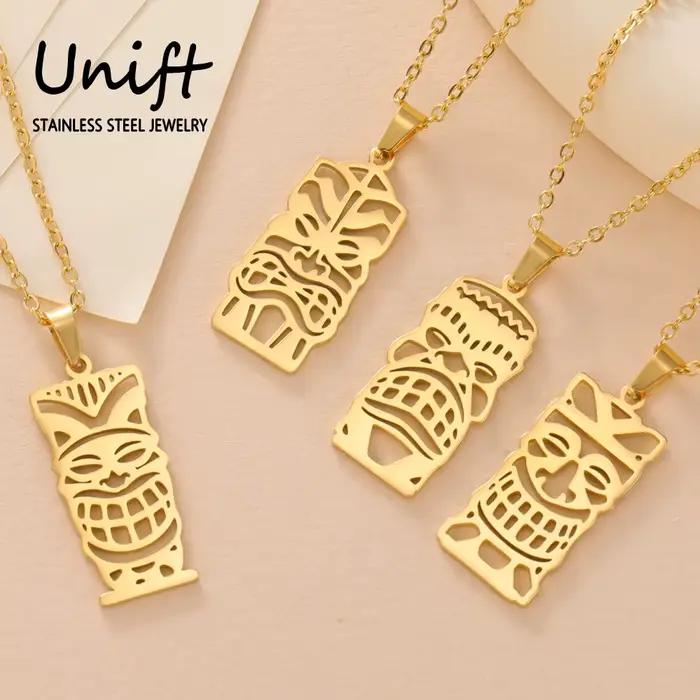 Unift Collier Tiki Hawaïen en Acier Inoxydable pour Femme et Homme, Bijou Ethnique Classique, Amulette de Protection de Dieu