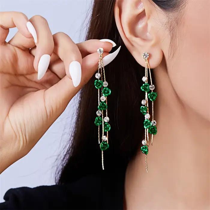 Boucles d'oreilles longues à pampilles en forme de fleur de Rose pour femmes, élégantes, brillantes, colorées, strass, pendantes, bijoux de fiançailles, de fête de mariage