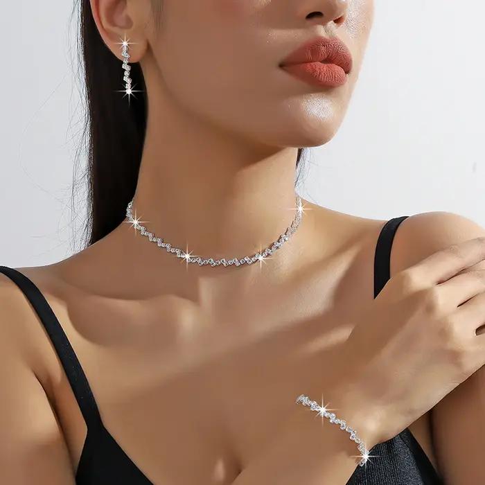 Ensemble de bijoux de collier et de Bracelet de chaîne de clavicule plaquée argent brillant