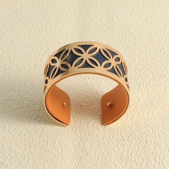 Bracelet de manchette en cuir et cuivre à motif géométrique symétrique double face pour femme
