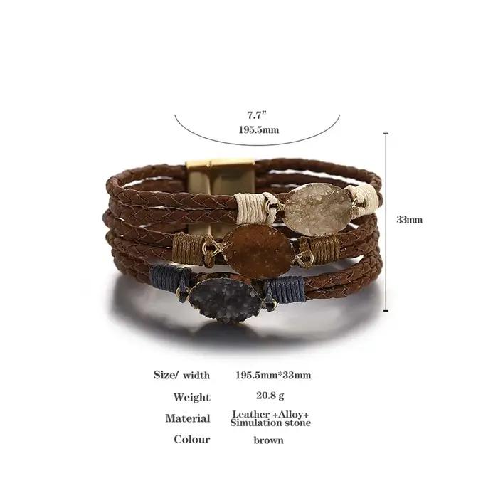 ALLYES Vintage pierres naturelles Bracelet en cuir pour femmes hommes Boho tressé à la main multicouche enroulement Bracelets bijoux