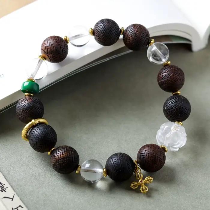 Bracelets en perles de cristal blanc naturel et d'agarwood pur, Mala traditionnel pour poignet, cadeaux pour hommes et femmes