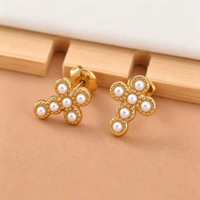 Boucles d'oreilles croix religieuse pour femmes, en acier inoxydable, perles simulées, plaqué or, bijoux de fête tendance pour femme E26082