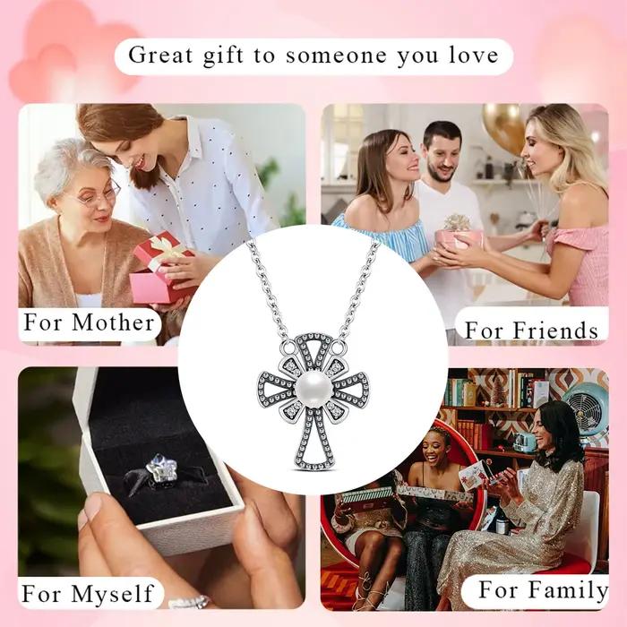 Collier Croix Vintage en Argent Sterling 925 avec Perles Blancs et Zirconium Cubique pour Femmes Occasions Spéciales Traditionnellement Inspirées