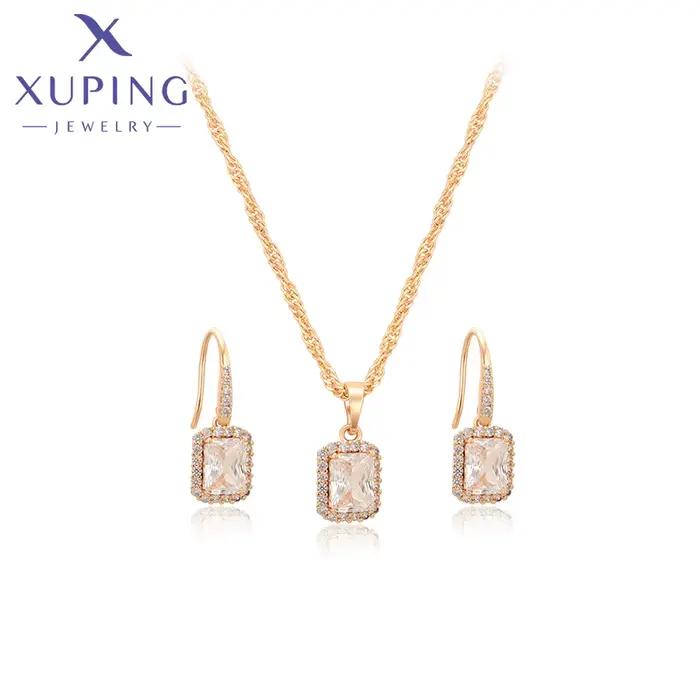 Xuping Jewelry Nouvelle Collection – Ensemble Collier et Boucles d'Oreilles Huggies Rectangulaires D