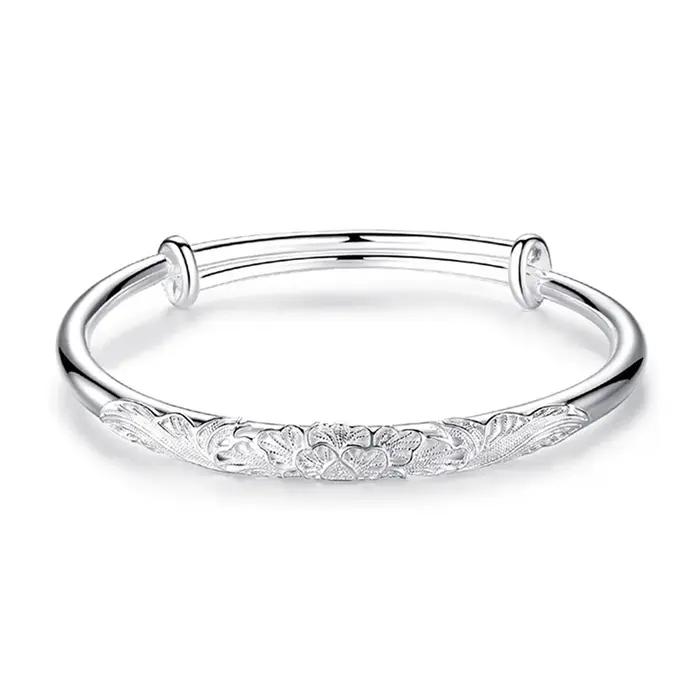 Bracelet jonc rond en argent sterling 925 motif géométrique avec pierres blanches pour femme