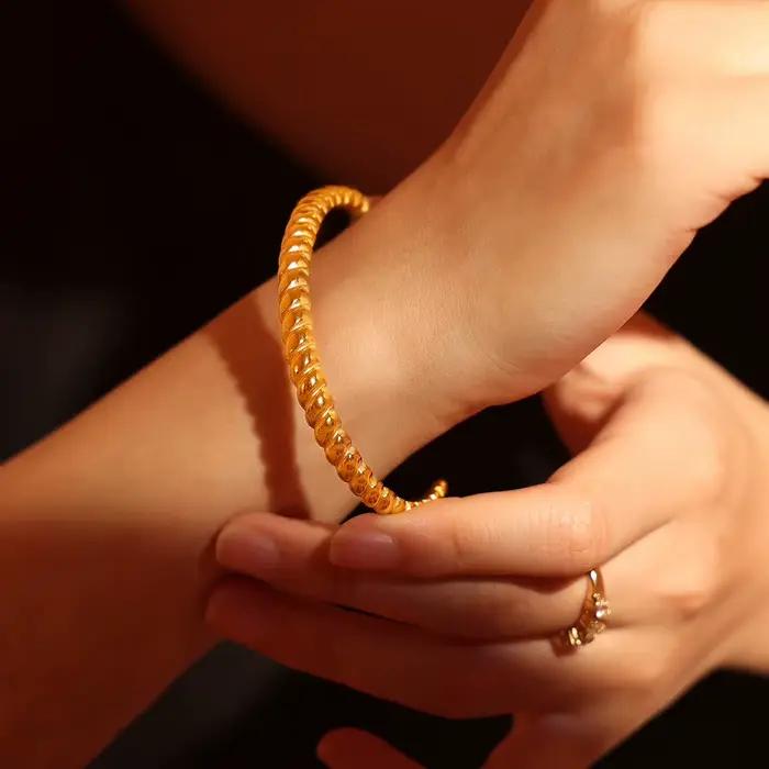 Bracelet fileté en acier titane plaqué or véritable 18 carats, ouverture Non réglable, géométrie minimaliste, bijoux à la mode, cadeaux pour femmes