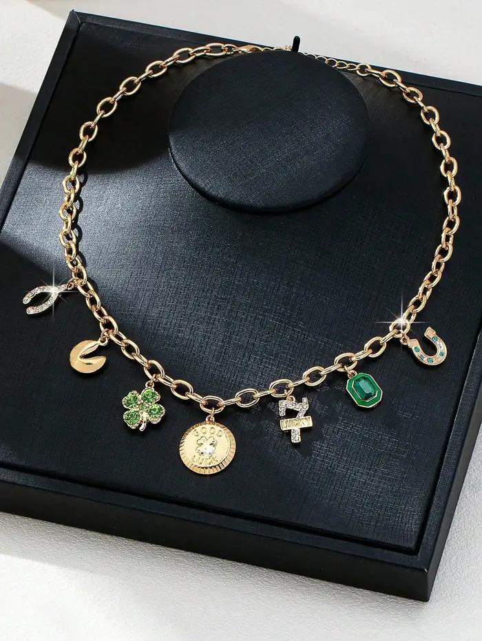 Collier de Trèfle à Quatre Feuilles en Alliage de Zinc avec Strass pour Hommes et Femmes Occasions Spéciales Polyvalent Chic Décontracté