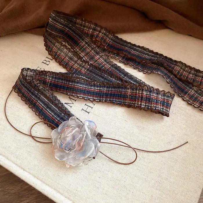 Colliers ras du cou en fil imprimé écossais plissé pour femmes, ruban Vintage français, écharpe à fleurs, chaîne de cou, bijoux de fête d'anniversaire