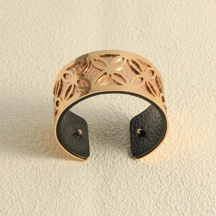 Bracelet de manchette en cuir et cuivre à motif géométrique symétrique double face pour femme