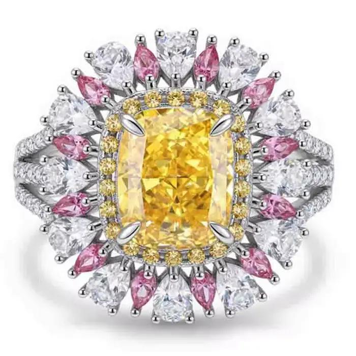 Bague en argent sterling 925 sertie de citrine et diamants à haute teneur en carbone pour femmes, alliance de mariage, bijou fin et élégant pour occasions spéciales