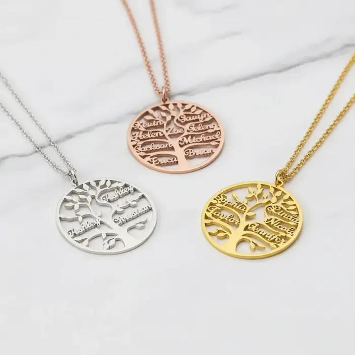 Collier personnalisé Arbre de Vie avec prénoms acier inoxydable plaqué or 18k cadeau pour mère enfants membres de la famille occasions spéciales
