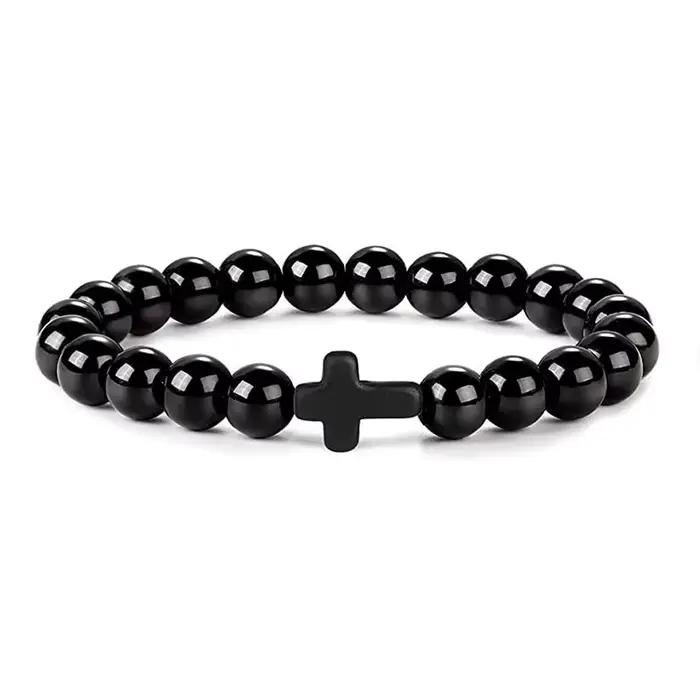 Prière hommes pierre naturelle bois perles chapelet hématite croix Bracelets Onyx méditation Bracele