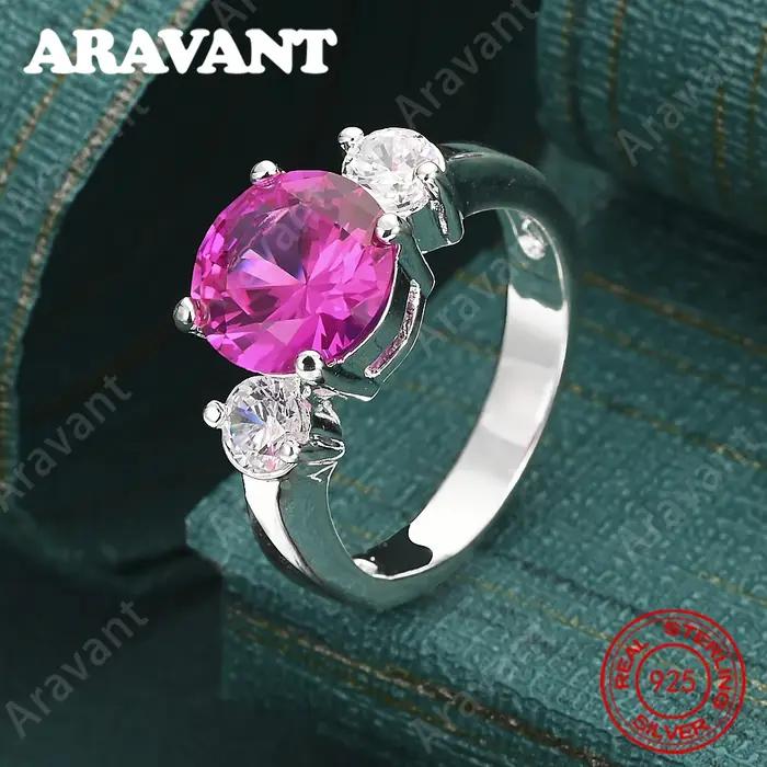 Bague en argent sterling 925 avec zircone ronde rose - Bijoux de mariage exquis et mignons pour femmes