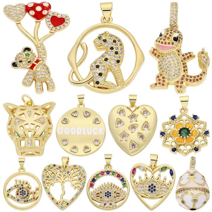 Breloques Vintage en Forme de Cœur Plaqué Or 18k, Panthère, Ours, Dinosaure, Mauvais Œil, Attention, Isman, Bonne Chance, Bijoux Faits à la Main