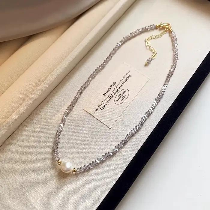 Collier de perles d'eau douce élégantes pour femmes, bijoux féminins remplis d'or 14 carats, perle et cristal naturels, cadeaux bon marché, nouvelle arrivée