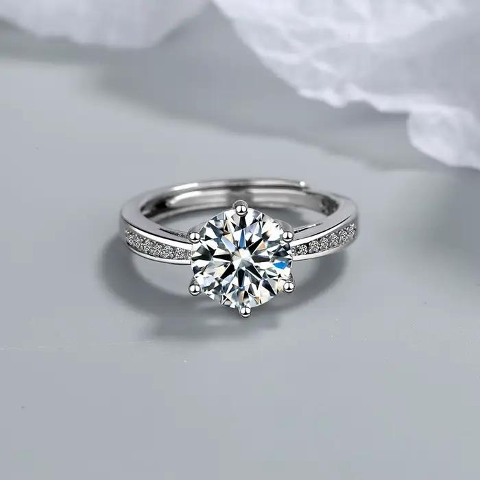 Bague en argent sterling 925 avec moissanite, solitaire classique à 6 griffes avec pierres latérales, bague de promesse de mariage ajustable pour femme