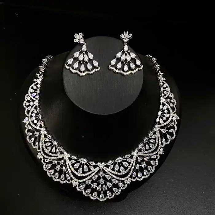 Parure de bijoux de mariée de luxe en zircon, collier et boucles d'oreilles, accessoires de soirée,