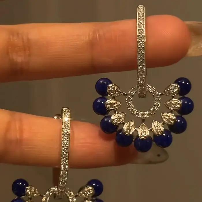 Boucles d'oreilles Vintage à pampilles en pierres précieuses bleu foncé pour femmes