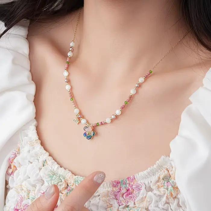 DREJEW Beizhu pierre rouge perles fleurs papillon collier pour femmes Dopamine vacances Style doux luxe concepteur bijoux