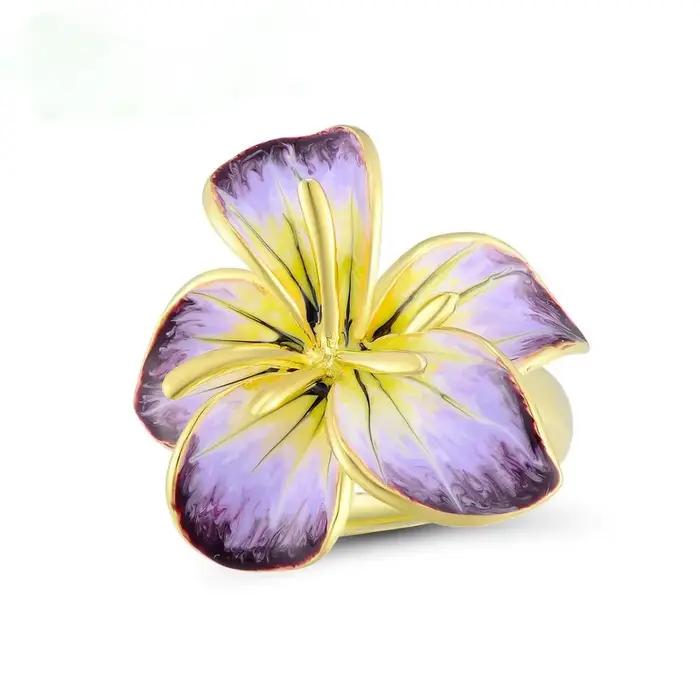 Bague de mariage bohème pour femme grande fleur or jaune émail violet et zirkonium élégante pour soirées et grandes occasions
