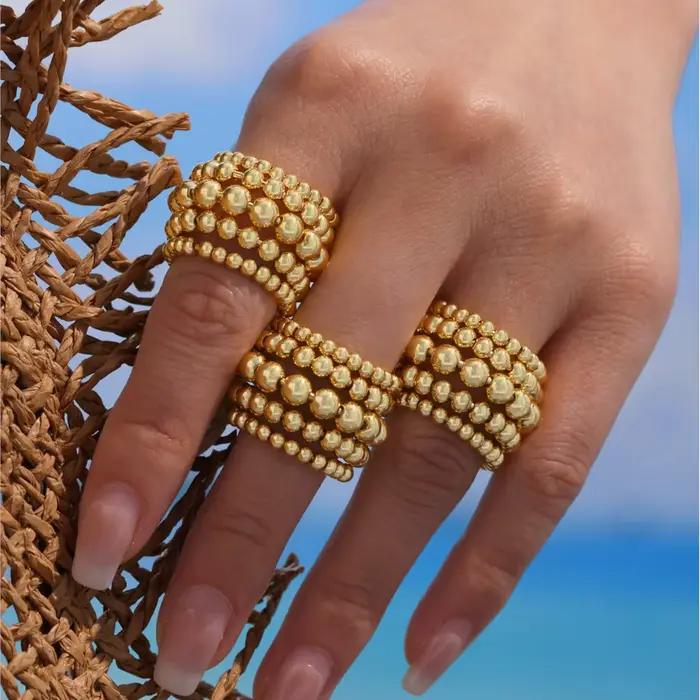 Bague de perles multicouches en acier inoxydable plaqué or 18 carats, étanche, sans ternissement, anneaux ouverts pour femmes et hommes, bijoux de couple